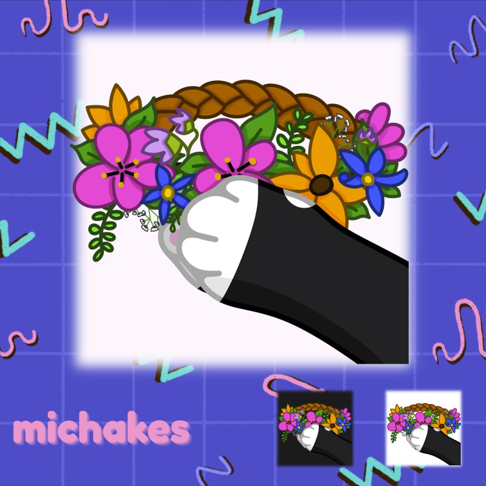 Blueish-purple emote display graphic adorned with pink, green, and purple squiggles with michakes' name in pink in the bottom left. The featured emote is two black-and-white kitty paws holding up a colorful flower crown as though about to place it on someone's head. The emote is displayed full size in the middle and again smaller in the bottom right on both dark and light mode-colored backgrounds. 