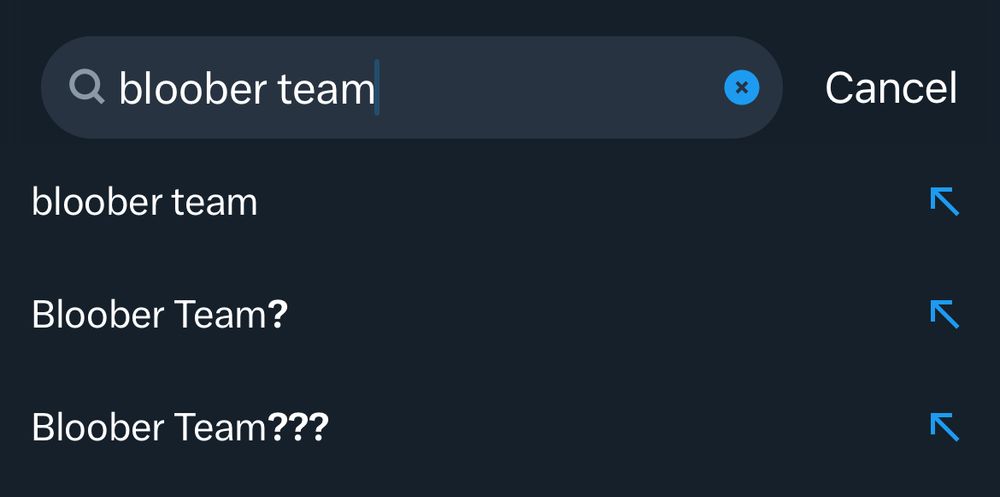 “bloober team” typed into the Twitter search box. the suggested searches are: “bloober team,” “Bloober Team?” and “Bloober Team??” the latter suggestions with one and two question marks, respectively 
