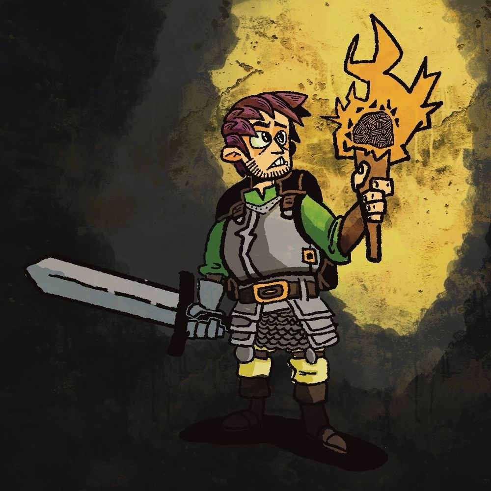 A human male fighter, with a sword and torch. He looks scared.