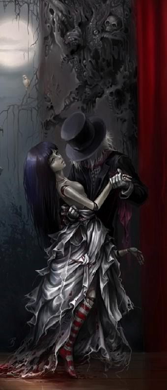 A sinister figure in a top had and suit whose face is hidden dances with a maimed, bleeding doll.