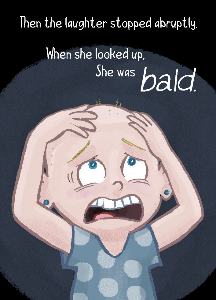 Picture of the blonde girl (named Amber) from the previous pictures.  She looks unhappy as she feels her shaved head.

The text reads:

Then the laughter stopped abruptly
When she looked up
She was BALD.