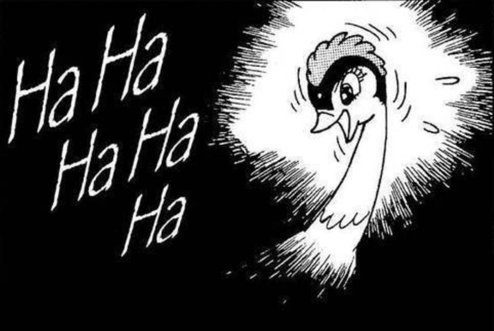 A phoenix laughing hysterically because some mortal wanted to live.  What a chump.  It's from some comic by that Tezuka guy, about the view immortality has of mortals.