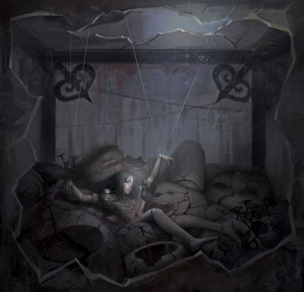 A ball jointed doll version of Alice from the game Alice: Madness Returns.  She has puppet strings holding up her arms, but is lying limp in a broken glass box full of crushed giant baby doll heads.  Content Warning:  The game is incredibly dark and uses dolls as Alice's hallucination disguising sexual abuse.