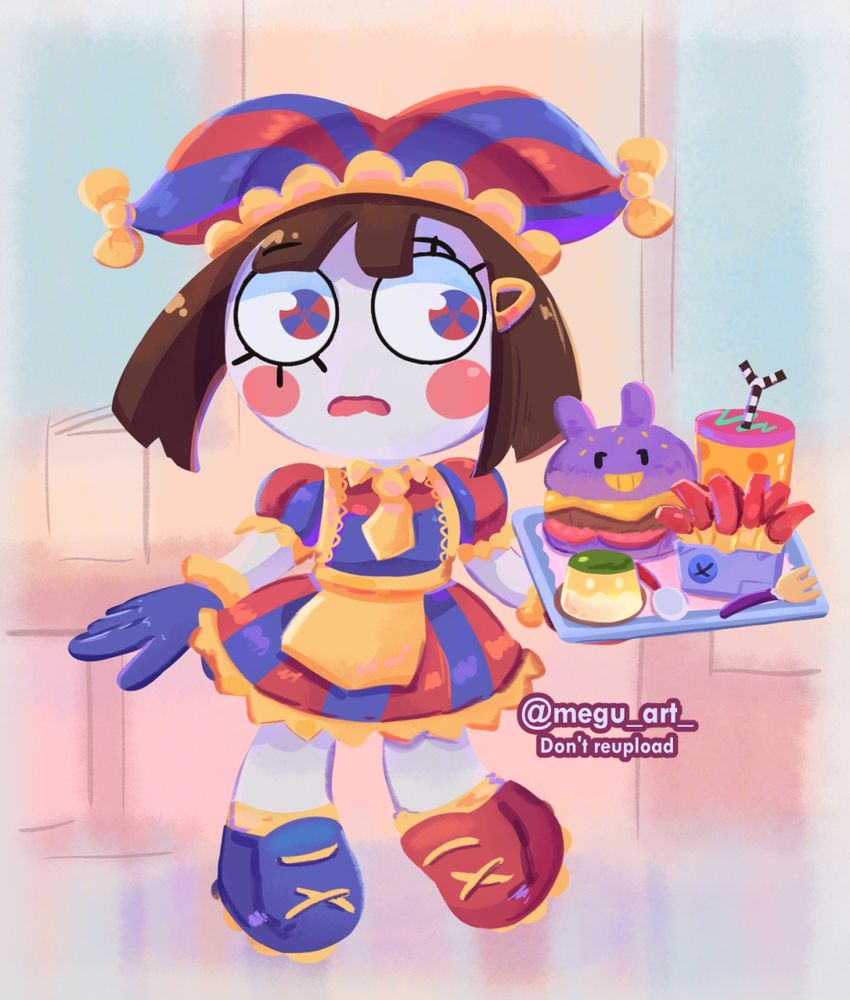 Digital drawing of Pomni from The Amazing Digital Circus dressed as a waitress