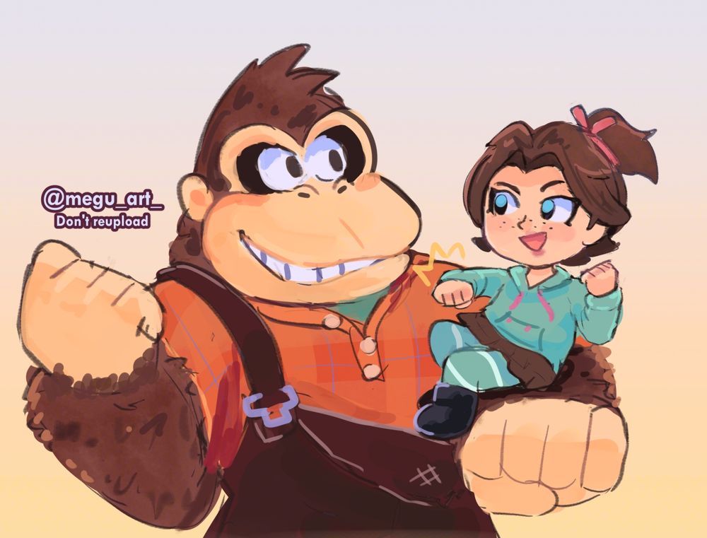 Drawing of Donkey Kong and young Pauline dressed up Wreck-it Ralph and Vanellope