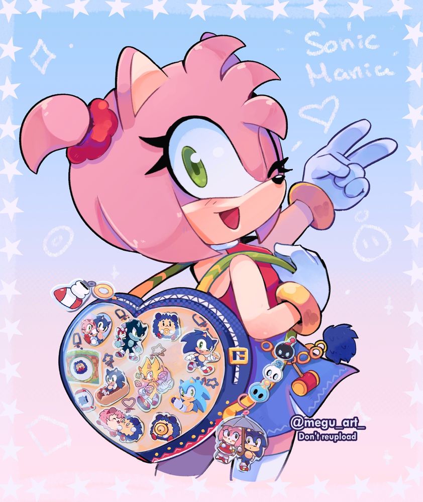 Drawing of Amy Rose wearing an ita bag with a bunch of my Sonic merch