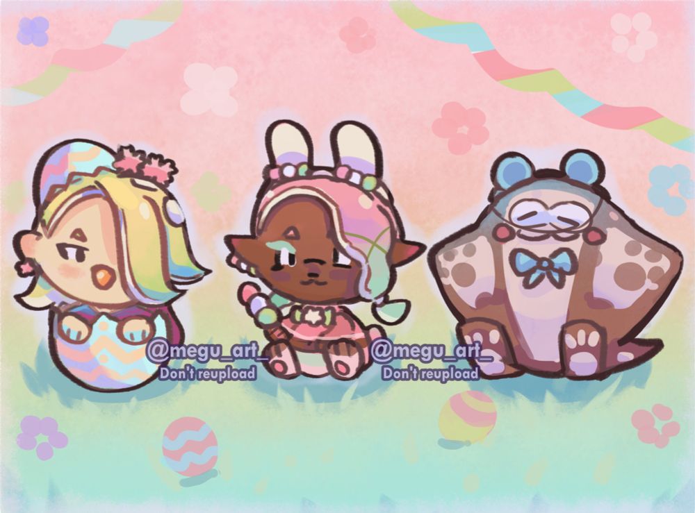 Chibi drawing of Splatoon Deep cut idols as chicken, bunny and teddy