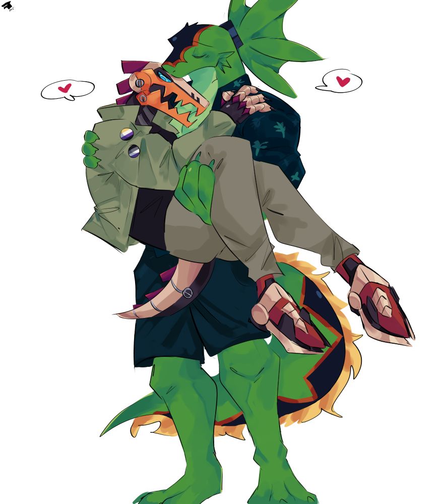 Kettsu (@rayquaza) holding me (haxsaur wearing an olive green army jacket with an NB and Ace pin on the sleeve and wearing brown pants) and smooching my big dumb forehead