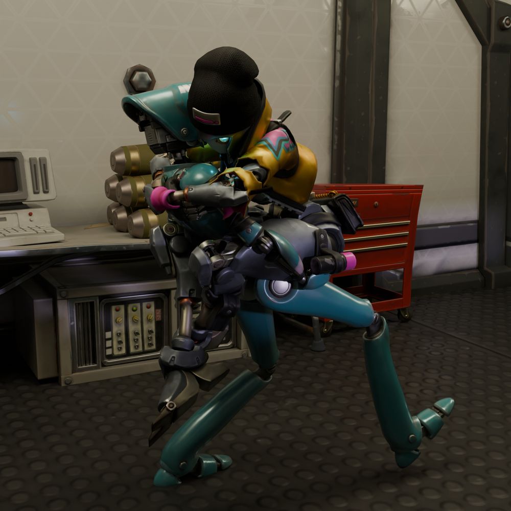 Wider shot of the full scene. Showing Rebel excitedly leaping into Ray's arms, almost knocking her over. Maybe Rebel should be the one carrying Ray?