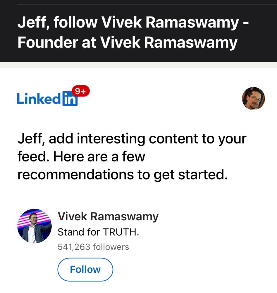 LinkedIn email recommendation to follow Vivek Ramaswamy.