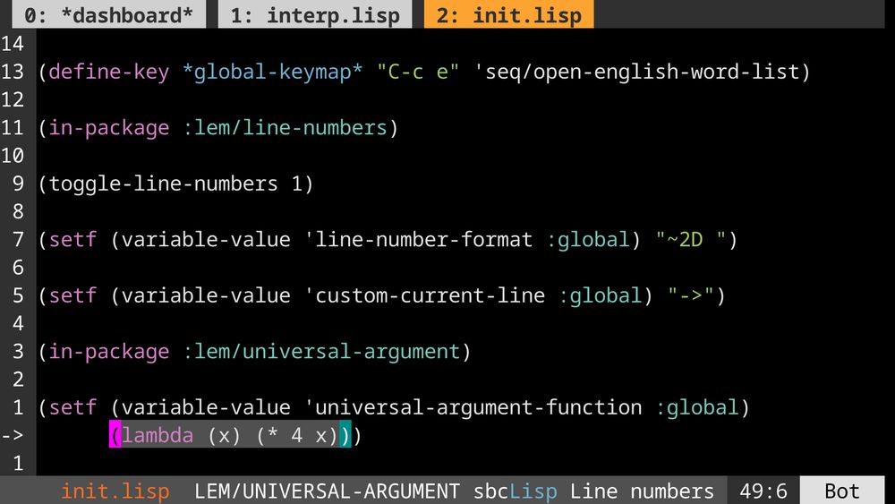 a screenshot of my init.lisp,  with some customizations set, most notably a custom universal-argument-function that increments by 4