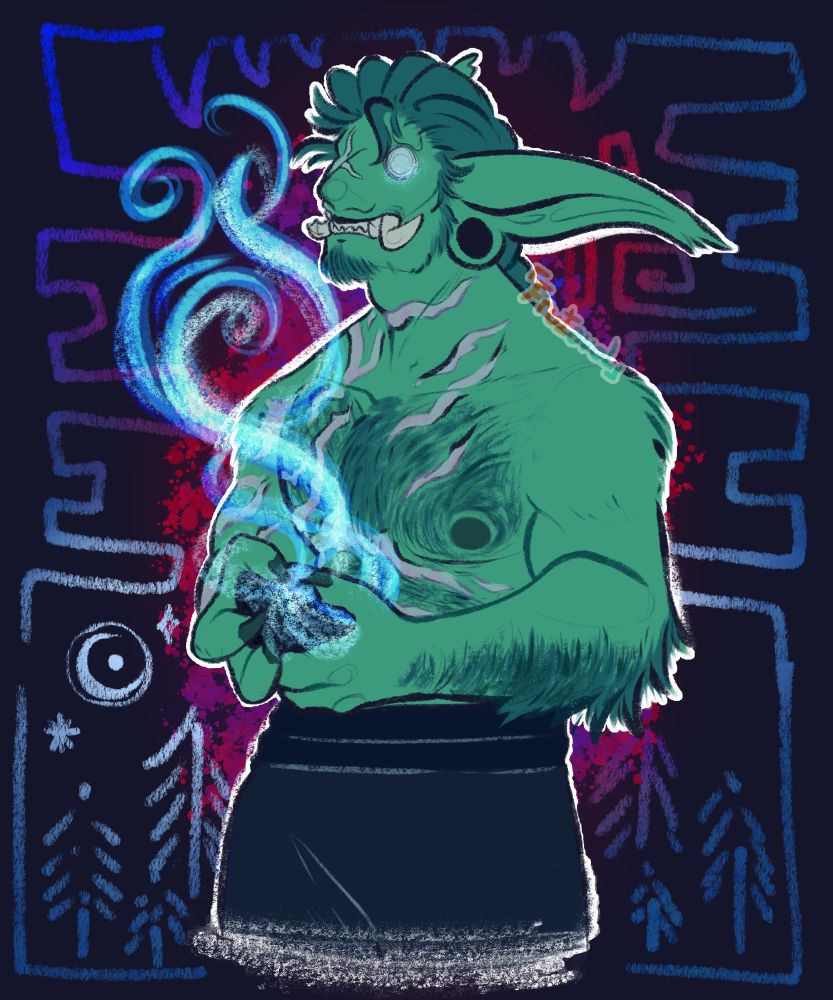A half-body picture of a forest troll with light green fur and light blue hair, holding an incense bowl from which whisps of blue smoke rise. He is covered in large scars, most around the right side of his chest face and right arm. He is shirtless and wearing dark gray pants. The background depicts stylized pine trees, a moon and geometric patterns with a splash of red behind him.
