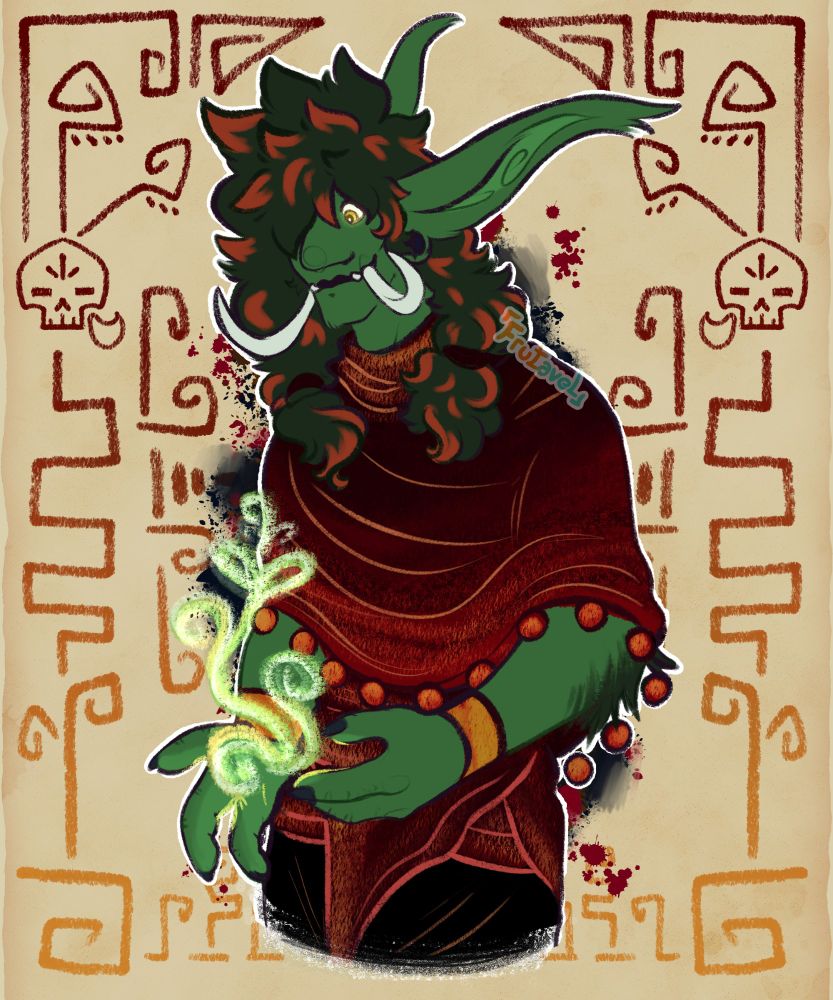 A half-body drawing of a forest troll with dark green skin and dark green hair with red accents, wearing dark red clothes. They are casting a spell which has the shape of a sprout.