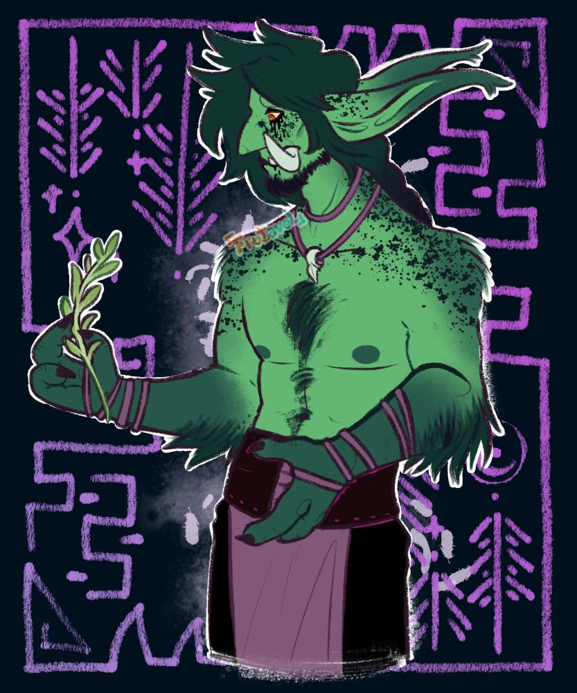 A half-body drawing of a forest troll with pale green fur. He has dark freckles over his face, ears, neck and shoulders and a dark green gradient up to his elbows, around his shoulders and the tip of his ears. His hair is dark green and tied back in a loose braid. He is holding a green vine in one hand and looking forlorn.