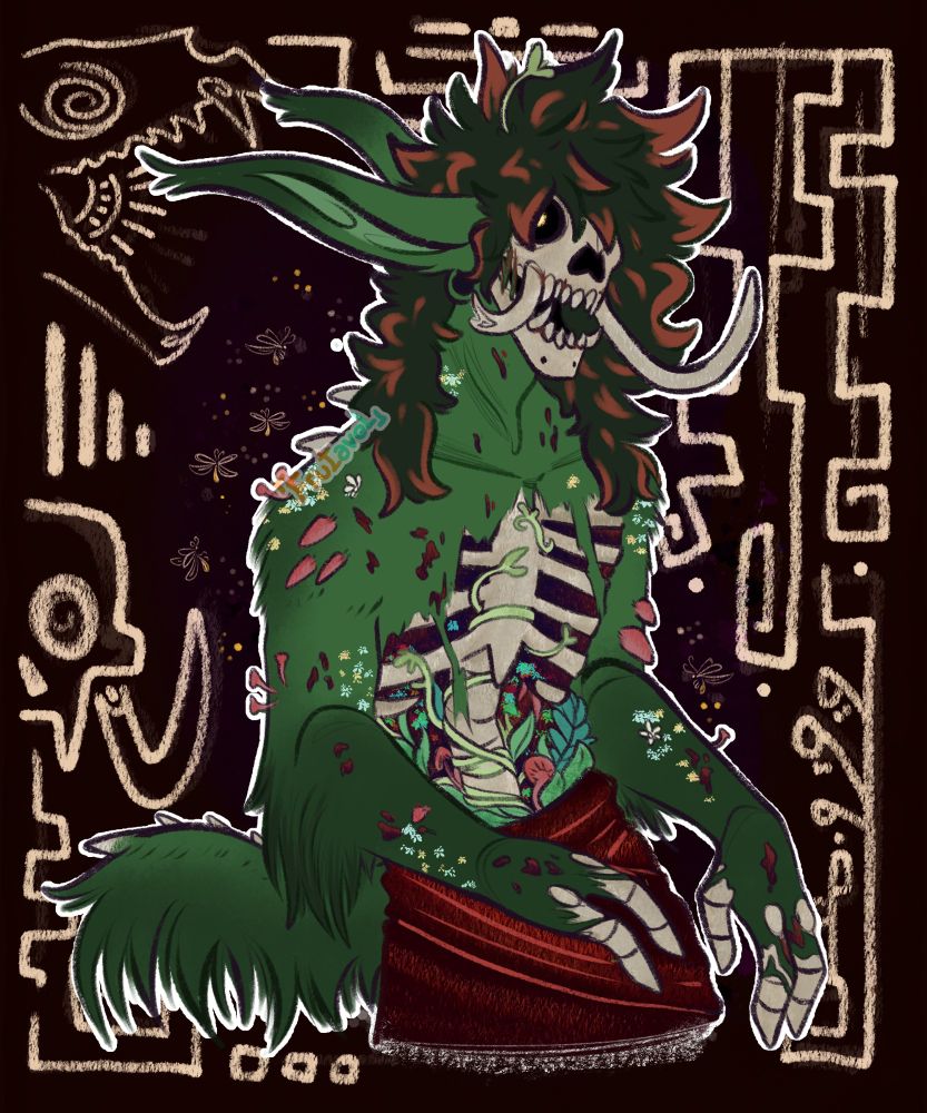 A half-body picture of the same troll, now undead and mangled. The skin and muscle of their stomach and chest is gone, exposing their ribcage and stomach cavity which are both folled with vines, leaves and mushrooms. Mushrooms and flowers are also growing from their shoulders and arms. Their skull is also completely exposed, with no eyes or nose.