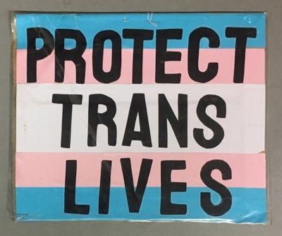 Cardboard placard from the Glasgow Women’s Library collection covered in adhesive cellophane,  bearing the colours of the trans flag (blue, pink and white). It features the slogan 'PROTECT TRANS LIVES' in cut-out black text.