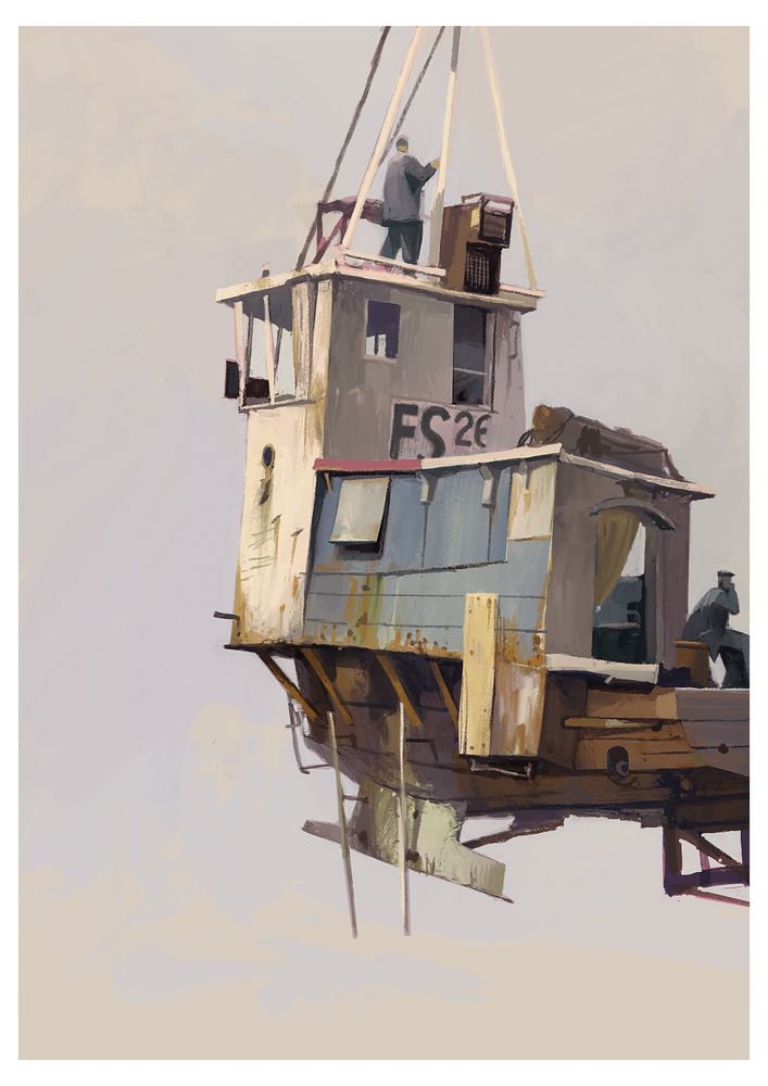 Digital painting, a dilapidated flying ship 