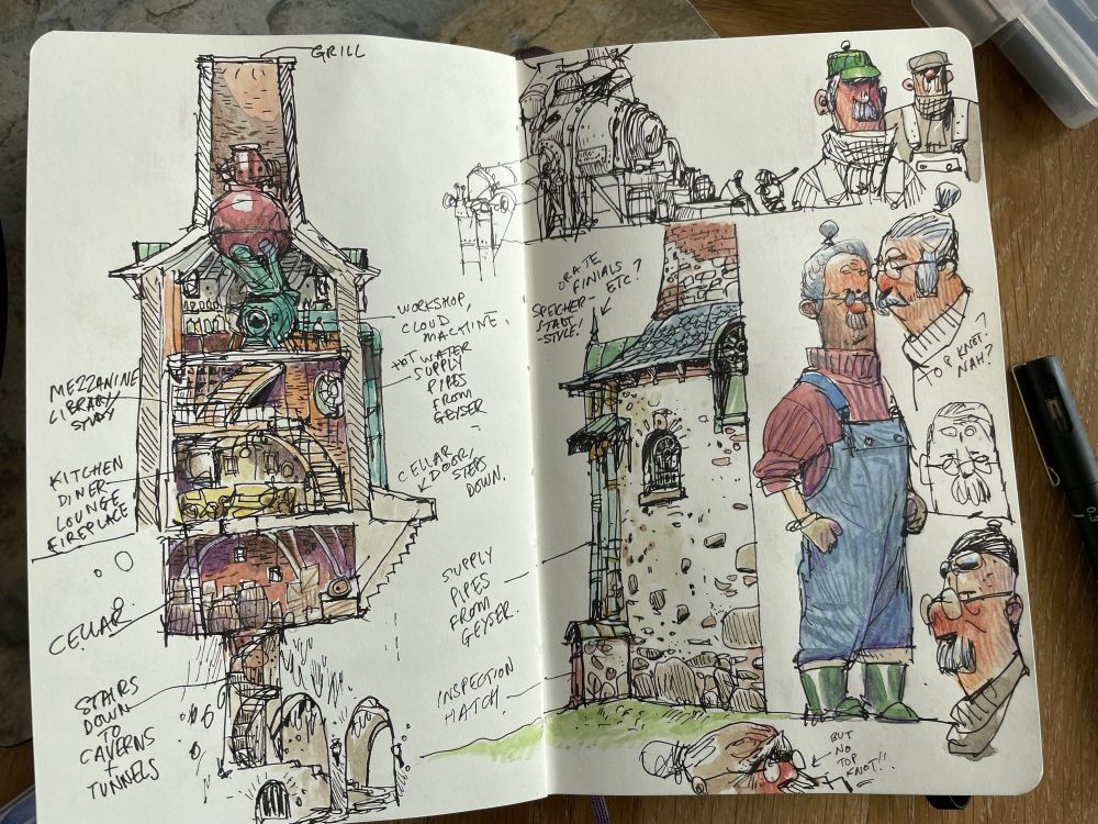 Sketchbook doodles, a cutaway of a building , old dude characters. Pen, watercolour, coloured pencil 