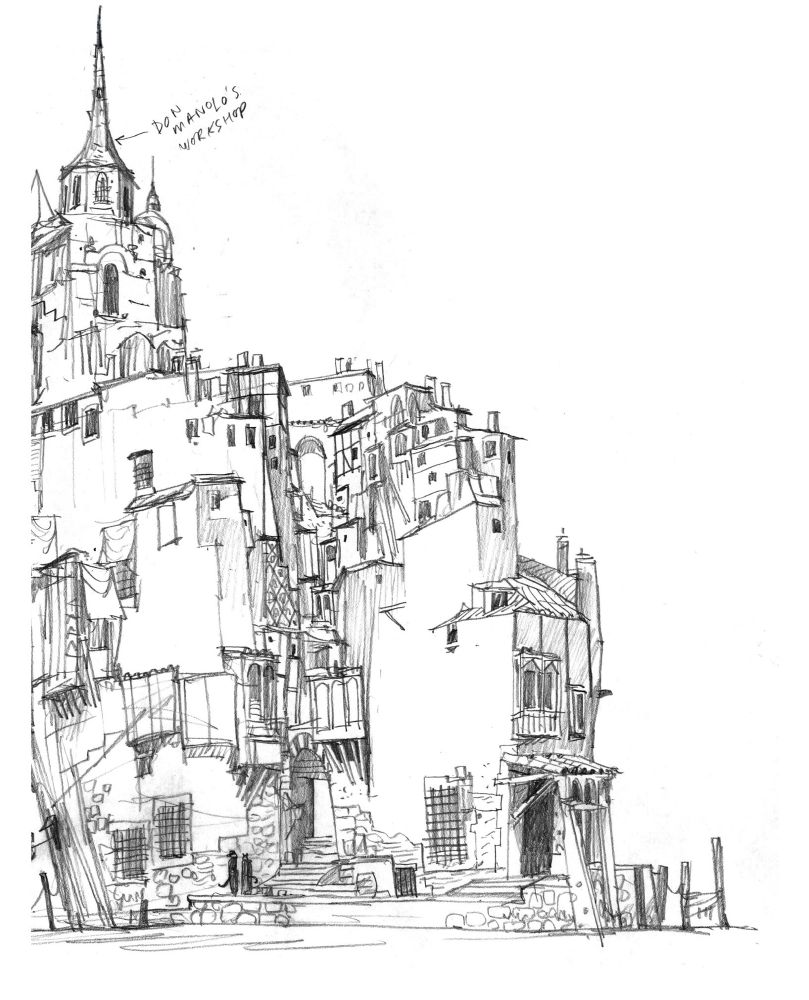 Pencil drawing, architectural design for Puss in Boots: The Last Wish movie 