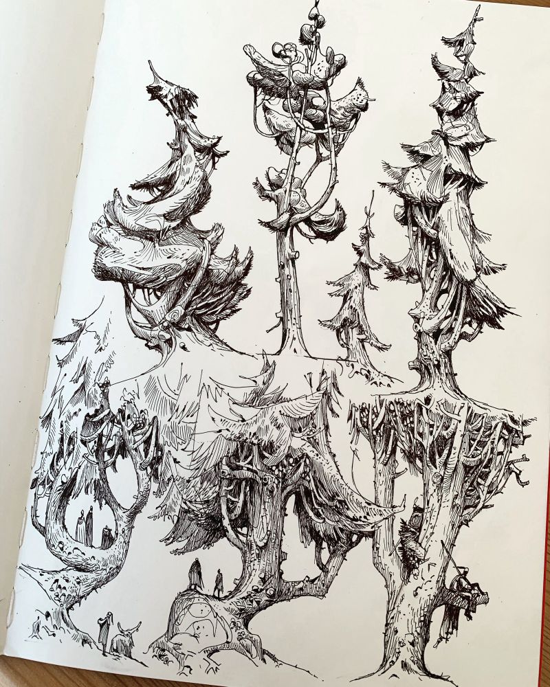 Ink drawings of trees, sort of stylised scots pines