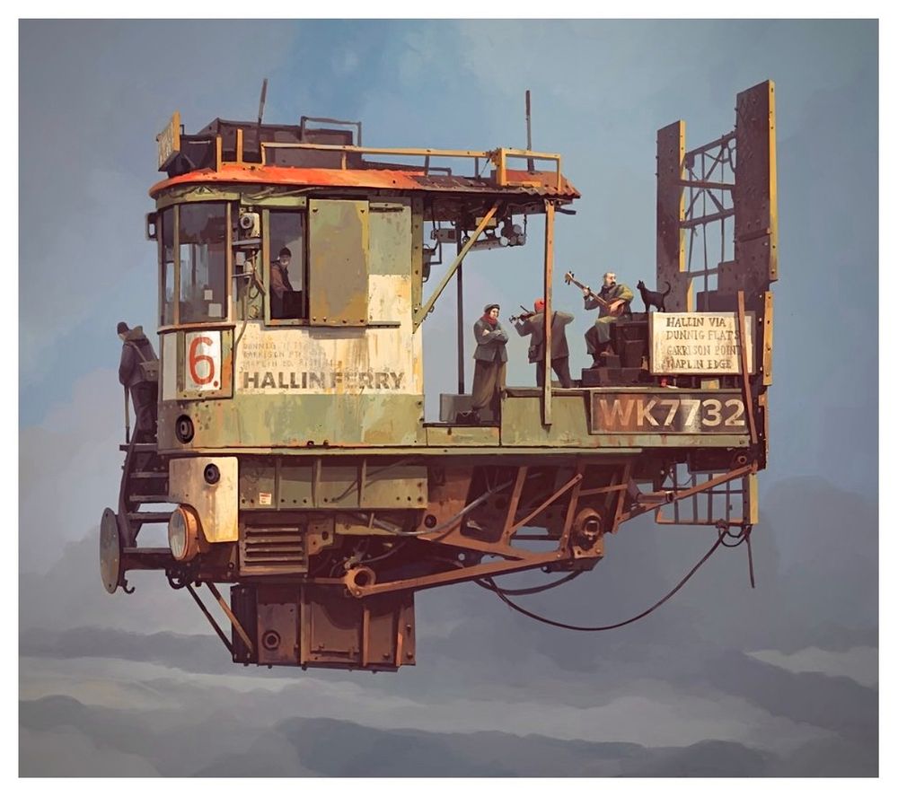 Digital painting, a flying ship with onboard entertainment. There is a cat also 