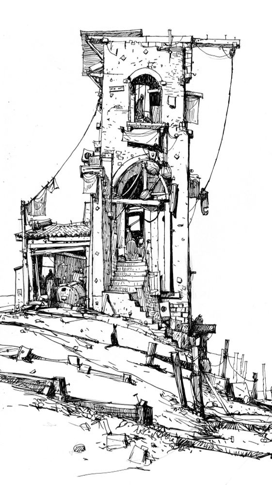 Ink drawing of a ramshackle building, sort of a mashup of Edinburgh and Sicily vibes