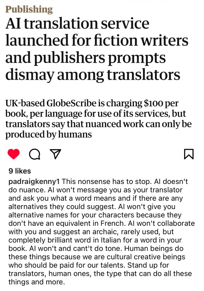 IG post from writer Padraig Kenny dismantling claims that ai could ever translate books as well as a human 