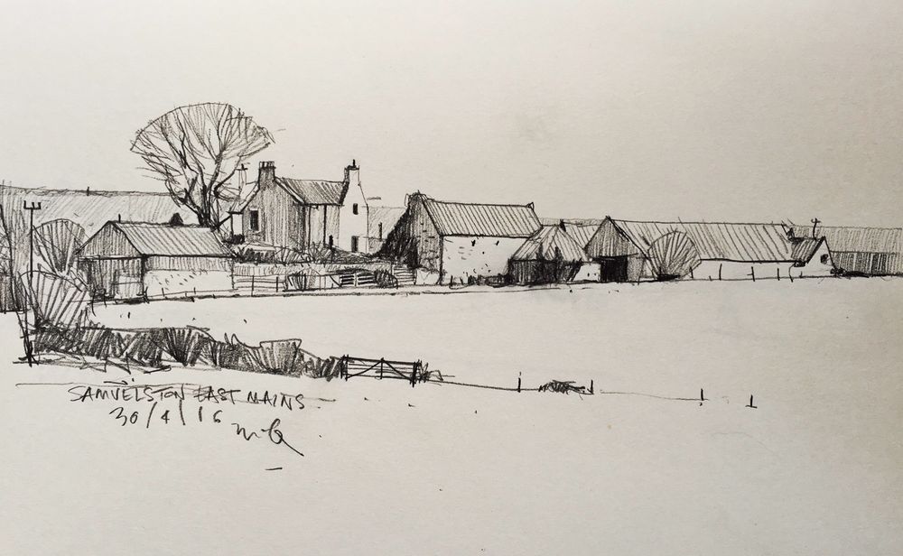 Pencil sketch, farmland in East Lothian, Scotland