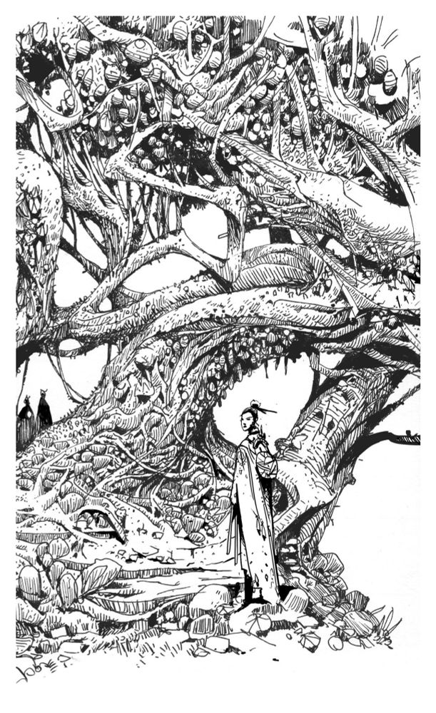 Ink drawing, a figure stands by a gnarly tree 