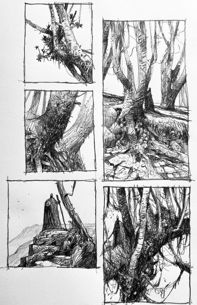 Pencil drawings, solitary figure in a landscape 