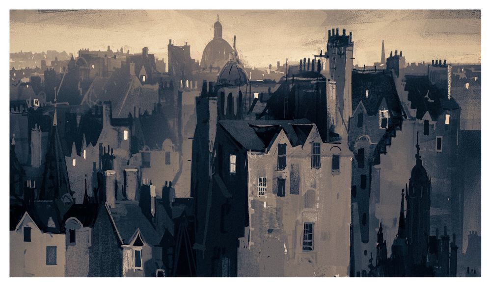 Digital painting, a stylised Edinburgh skyline 