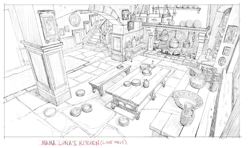 Sketches for Puss In Boots: The Last Wish movie, Mama Luna’s house (interior) 