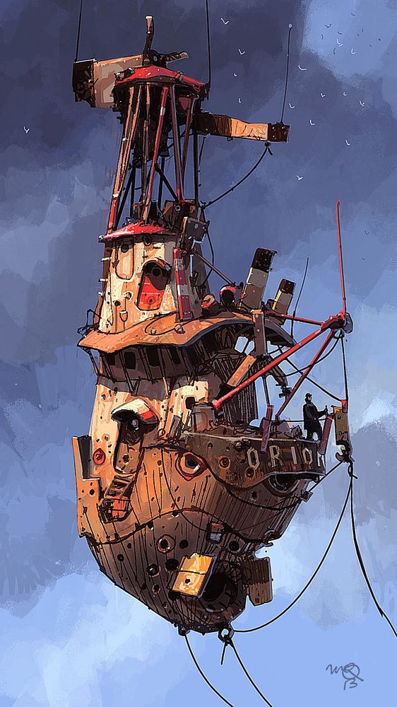Ink drawing/digital colour. A floating lightship called Orion.