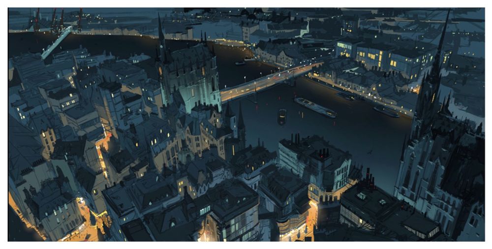 Digital painting - aerial view of a city at night, gothic buildings among the urban sprawl. A river runs through it. Dark blues and orange street lights.