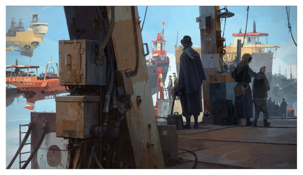 Digital painting from the forthcoming Mileships book by Rossignol/McQue. Passengers milling about on Hudson Dock awaiting their ride. 