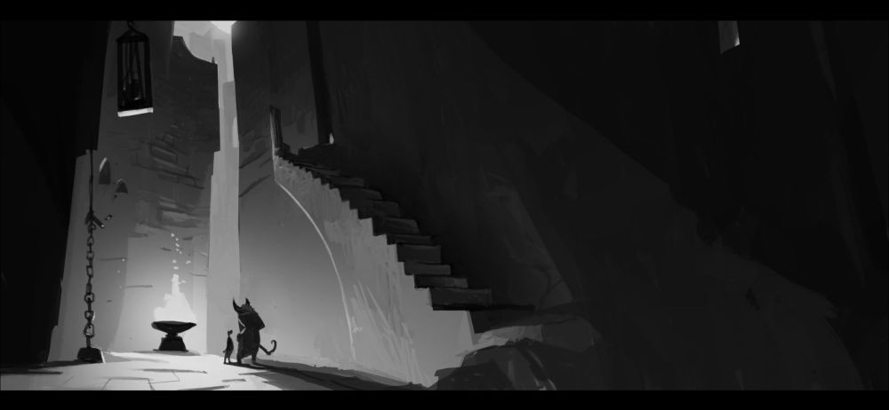 Digital painting, dark subterranean labyrinth entrance lit by fire