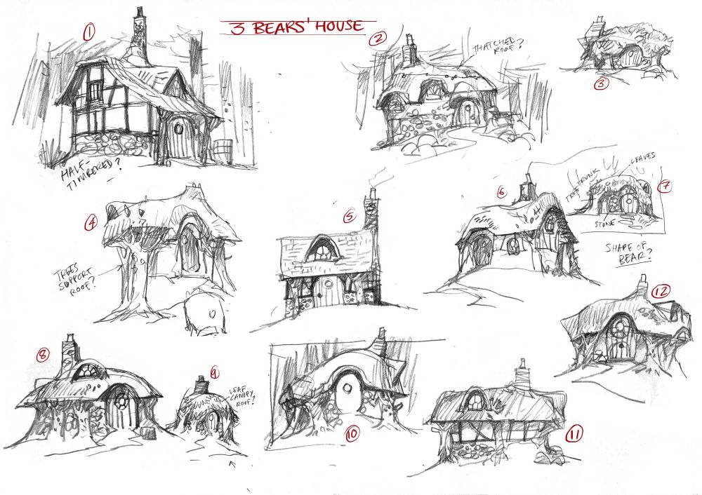 Sketches for Puss In Boots: The Last Wish movie. The Three Bears’ house 