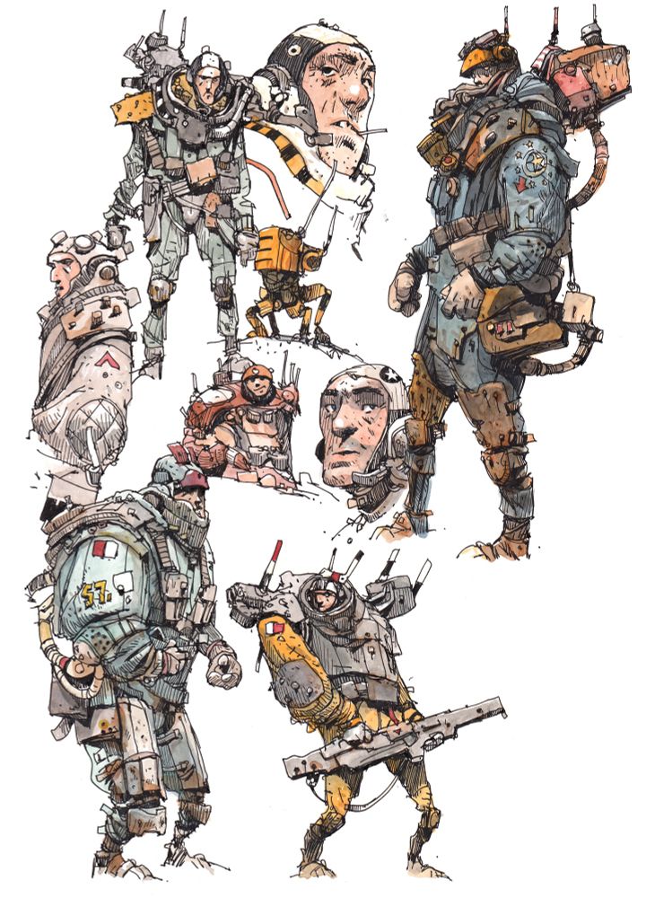 Line and watercolour drawings of whimsical mechanical vehicles and such