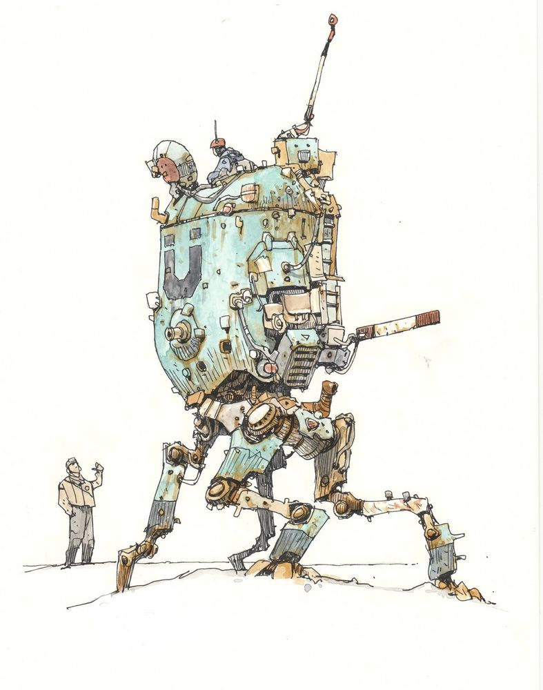 Line and watercolour drawings of whimsical mechanical vehicles and such