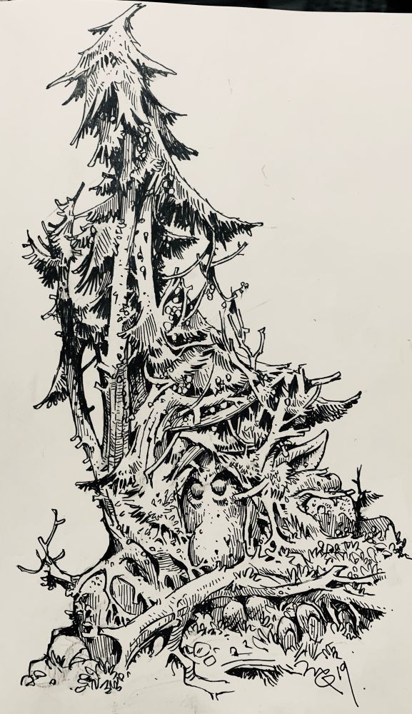 Ink drawing, troll giant in the woods 