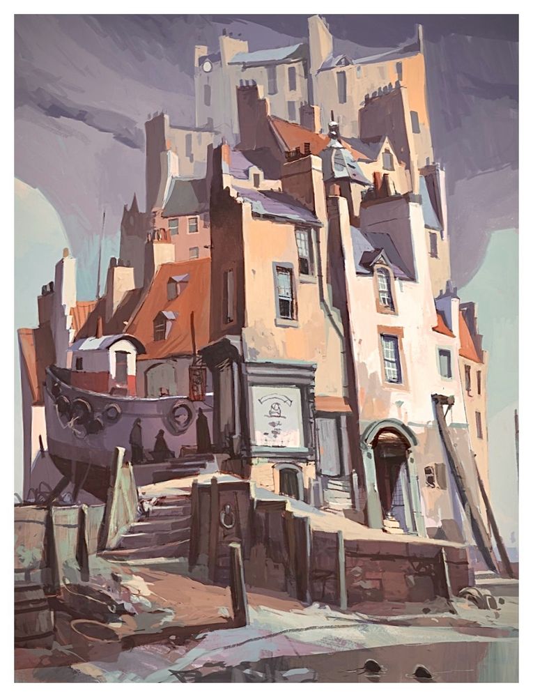 Digital painting, a wee fictional Scottish fishing village known as Inglenook. Work in progress.