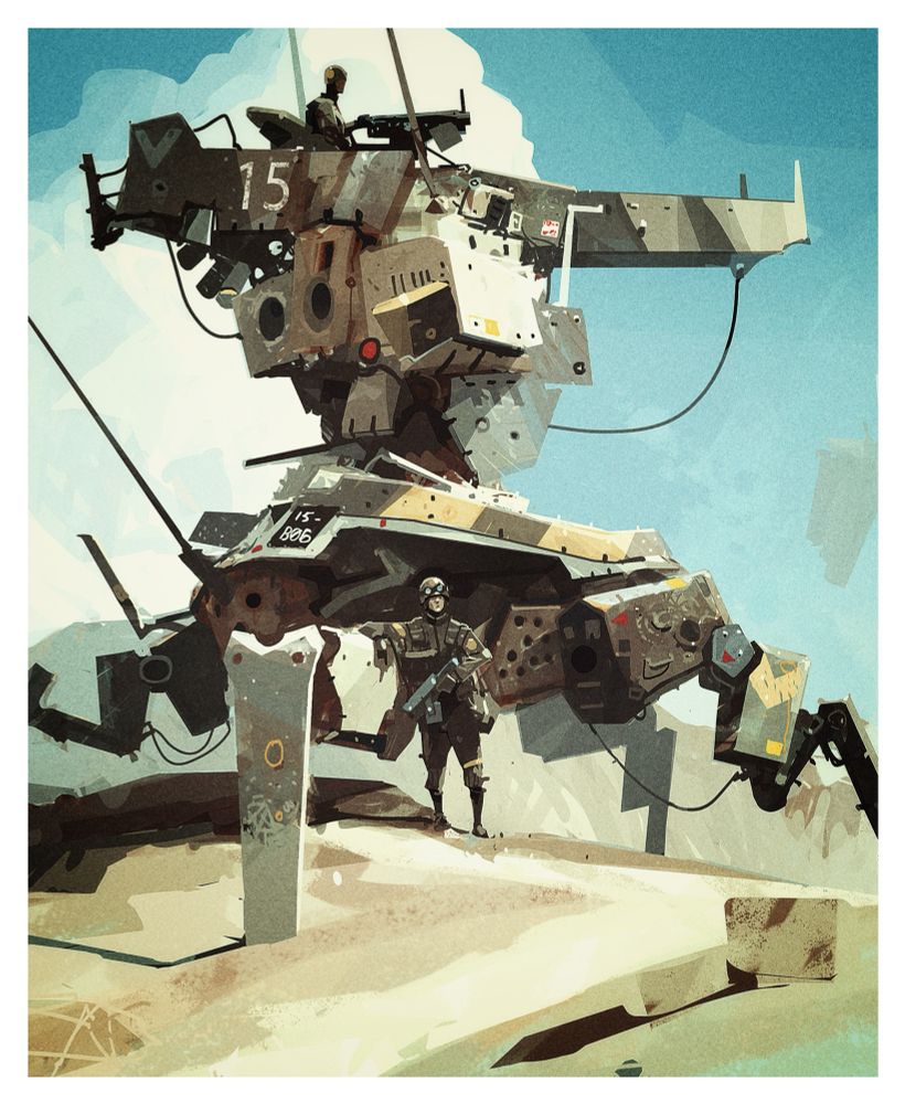 Digital painting, quadrupedal mech and a couple of dudes 