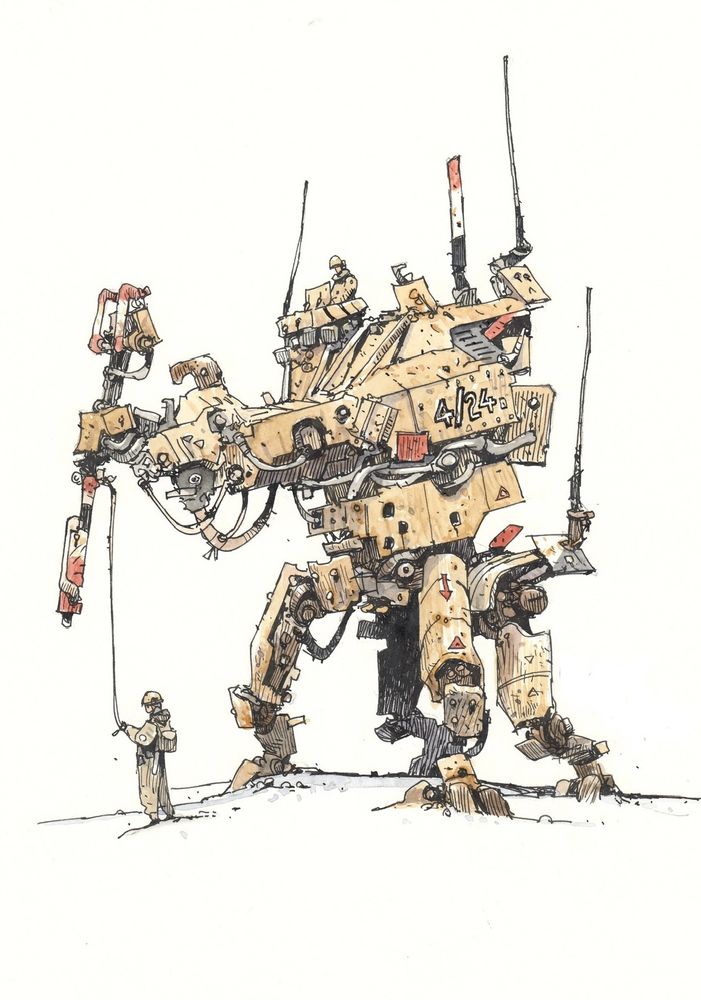 Line and watercolour drawings of whimsical mechanical vehicles and such