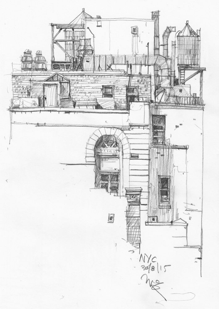 Pencil drawing, a rooftop on 5th Avenue in Manhattan 