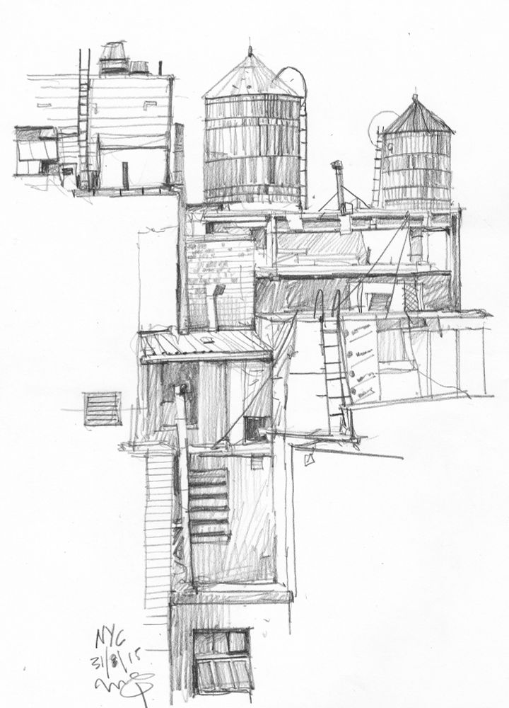 Pencil drawing, a rooftop on 5th Avenue in Manhattan 
