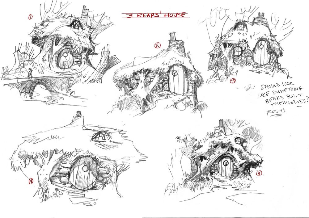 Sketches for Puss In Boots: The Last Wish movie. The Three Bears’ house 