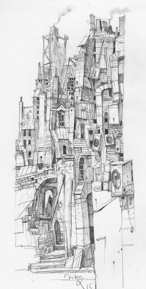 Pencil drawing, whimsical architecture heavy on ducts and chimneys 