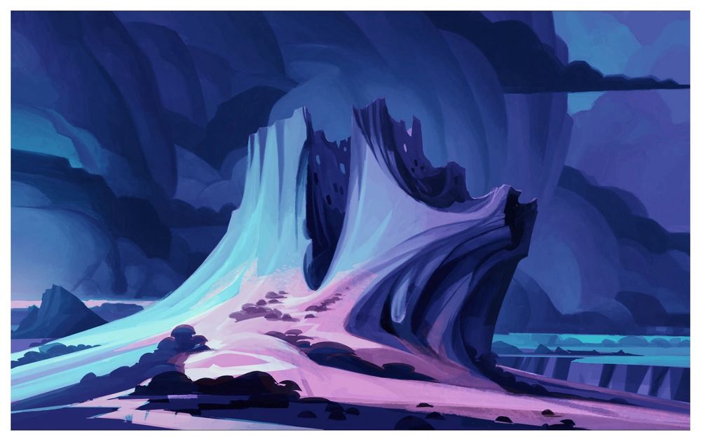 Digital painting, a heavily stylised landscape in the style of some of the ‘Group of Seven’ painters
