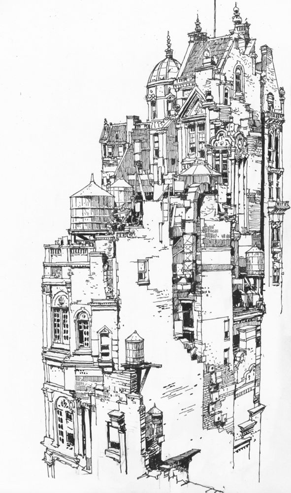 Ink drawing of a fantastical building inspired by Manhattan’s upper east side beaux arts architecture