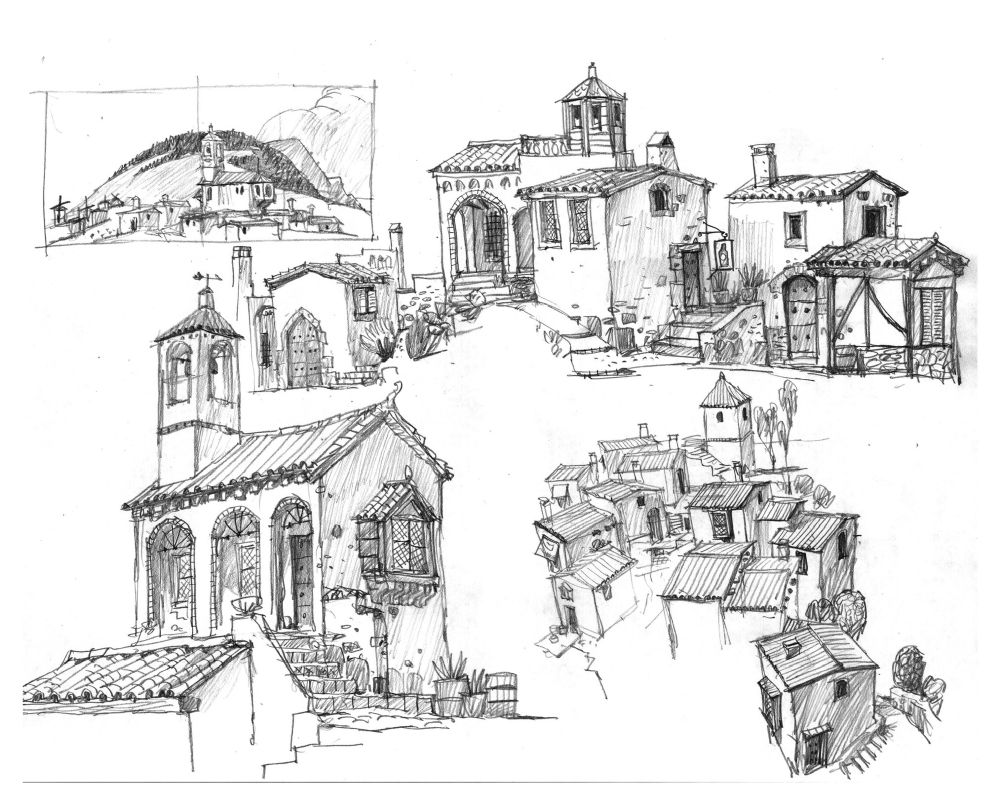 Pencil drawing, architectural design for Puss in Boots: The Last Wish movie 